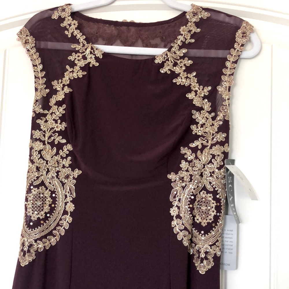 Xscape burgundy dress with intricate floral beads